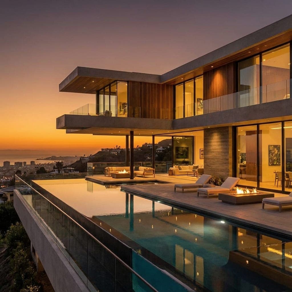 Luxury hillside residence with terrace pool at sunset