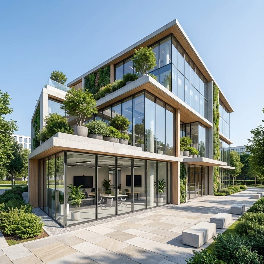 Terraced building with planted balconies and glass frontage